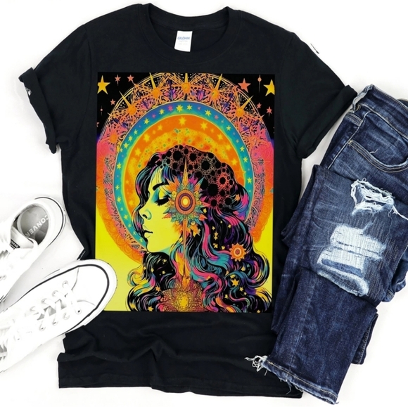 Art Nouveau Neon Star Girl Shirt 🌛Art Print Included🌜 Trippy Colorful Magic - Picture 1 of 7